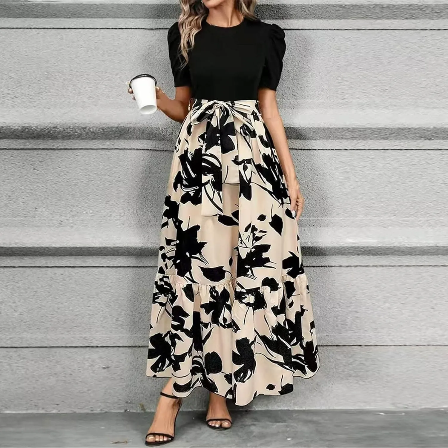 FlekmanArt Dresses for Women 2025 Elegant Boho Tie Belted Patchwork Empire Waist Short Sleeve Modest Crewneck Maxi Dress
