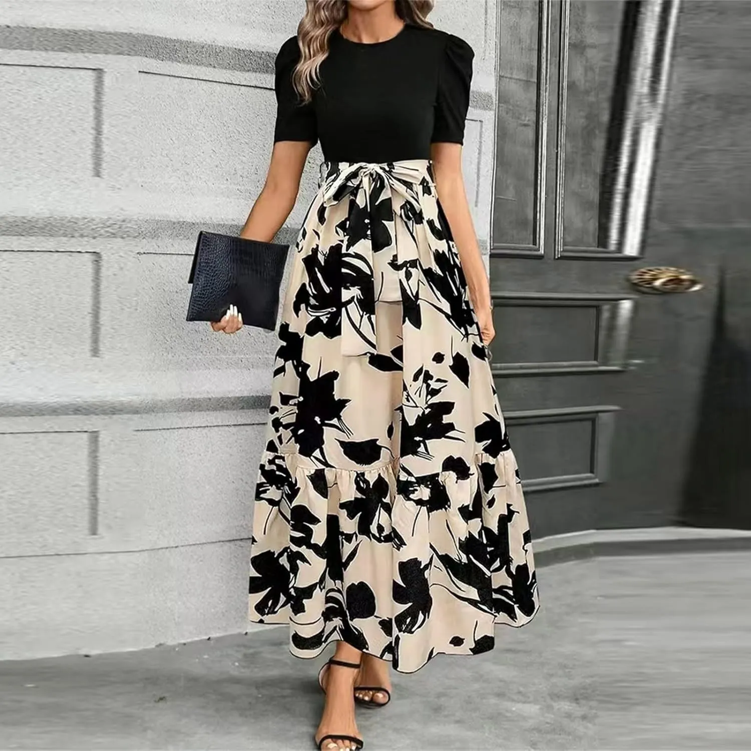 FlekmanArt Dresses for Women 2025 Elegant Boho Tie Belted Patchwork Empire Waist Short Sleeve Modest Crewneck Maxi Dress