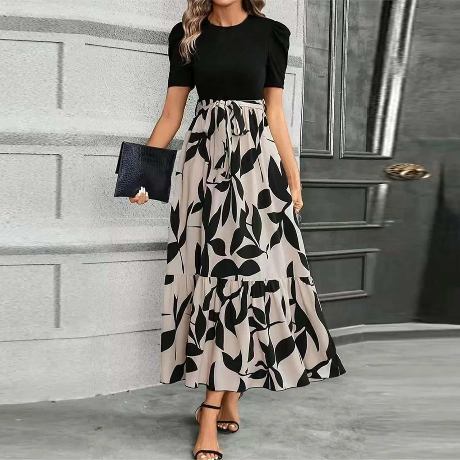 FlekmanArt Dresses for Women 2025 Elegant Boho Tie Belted Patchwork Empire Waist Short Sleeve Modest Crewneck Maxi Dress