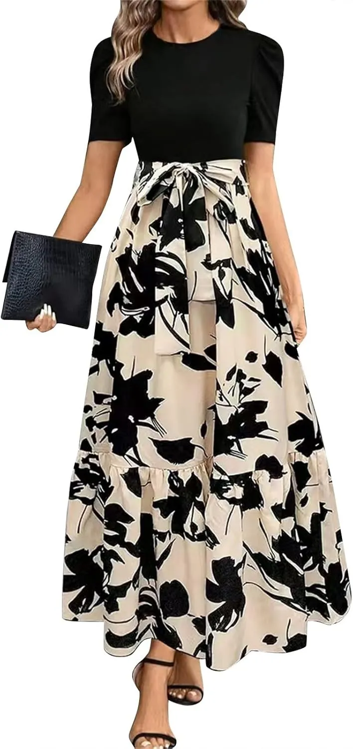 FlekmanArt Dresses for Women 2025 Elegant Boho Tie Belted Patchwork Empire Waist Short Sleeve Modest Crewneck Maxi Dress