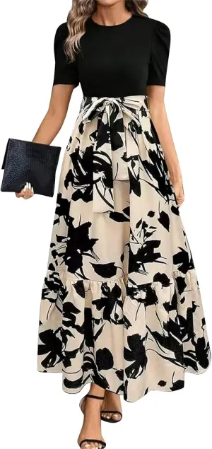 FlekmanArt Dresses for Women 2025 Elegant Boho Tie Belted Patchwork Empire Waist Short Sleeve Modest Crewneck Maxi Dress