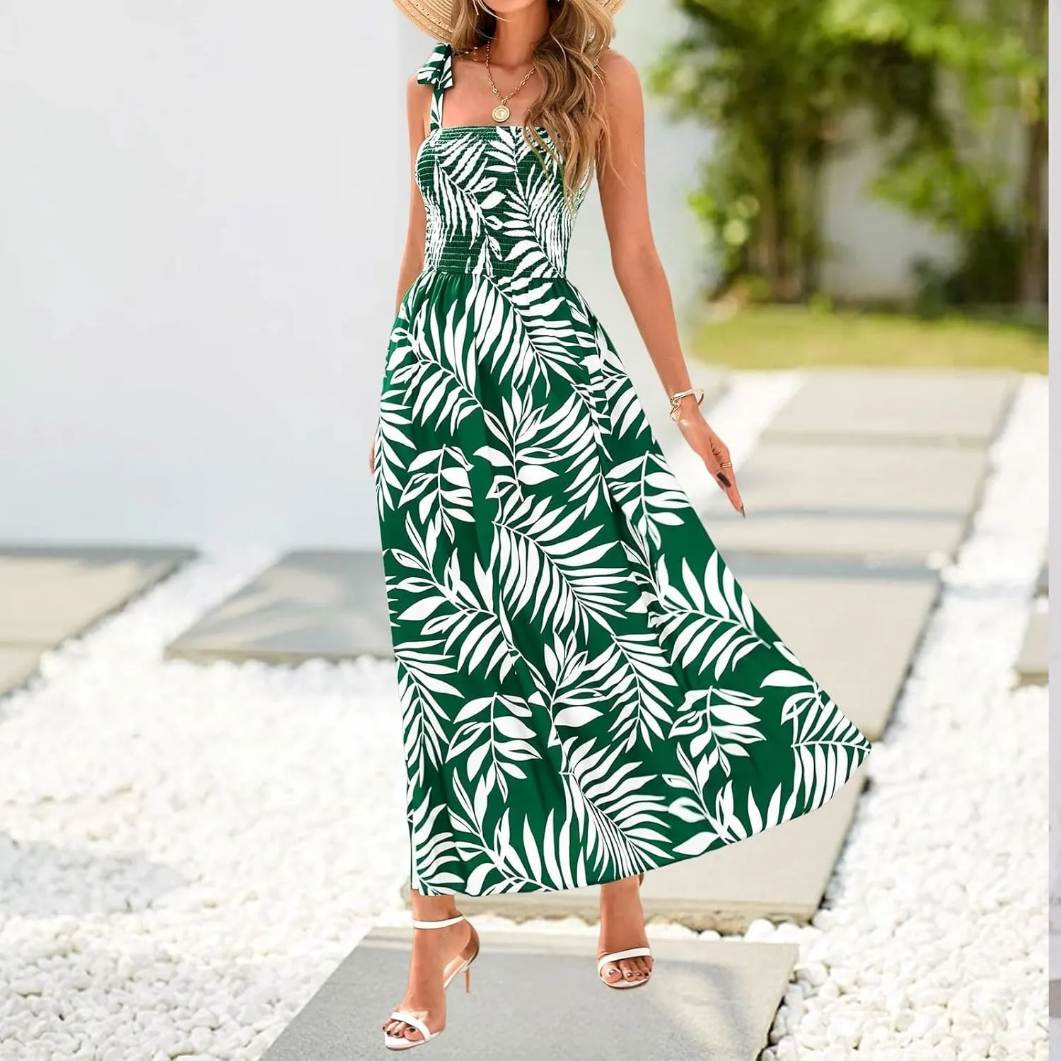 Floral Dress for Women Summer Casual Flowy Smocked Empire Waist Sleeveless Tie Beach A Line Maxi Dresses with Pockets