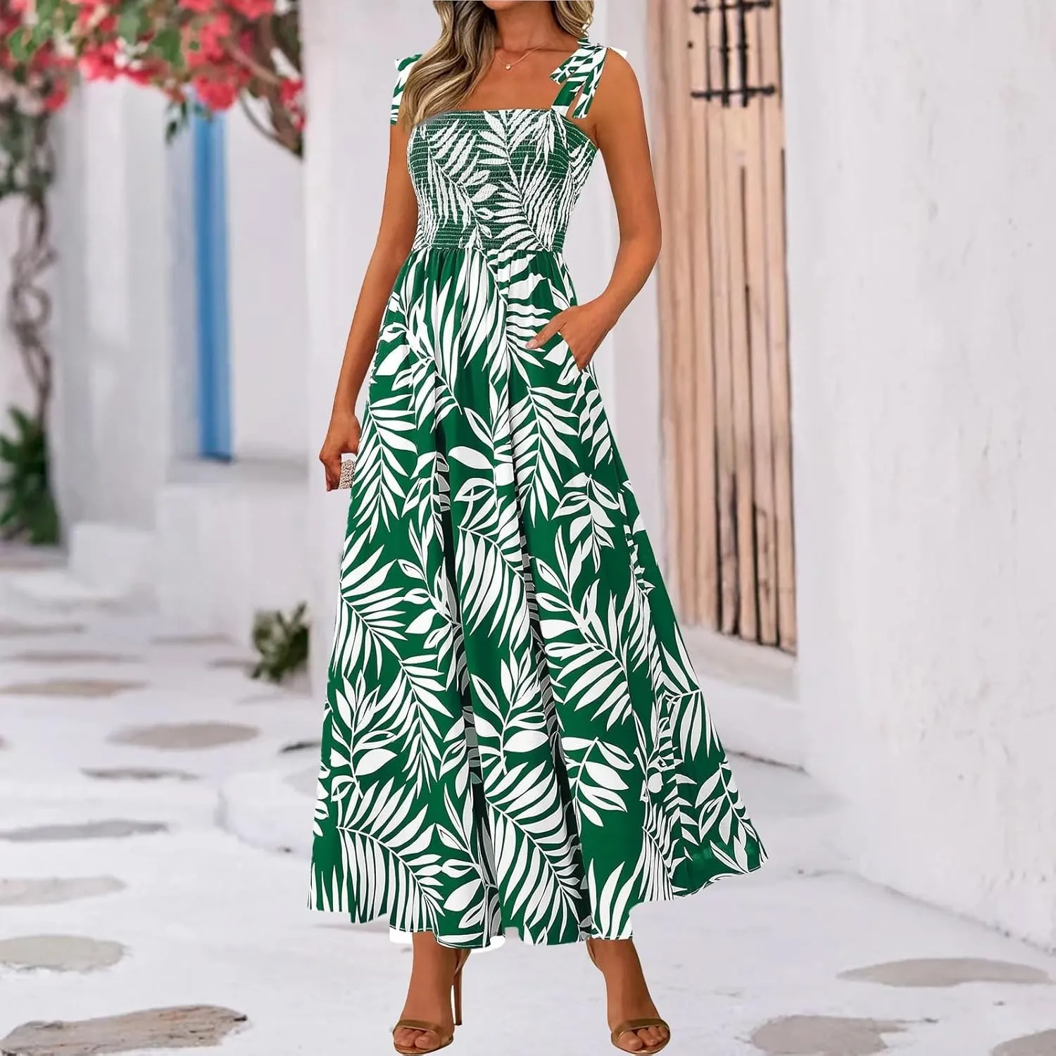 Floral Dress for Women Summer Casual Flowy Smocked Empire Waist Sleeveless Tie Beach A Line Maxi Dresses with Pockets