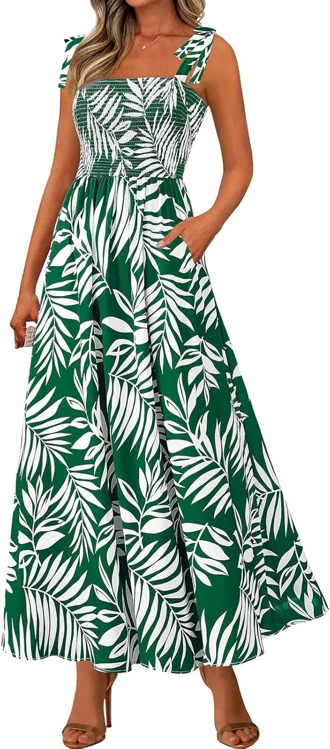 Floral Dress for Women Summer Casual Flowy Smocked Empire Waist Sleeveless Tie Beach A Line Maxi Dresses with Pockets