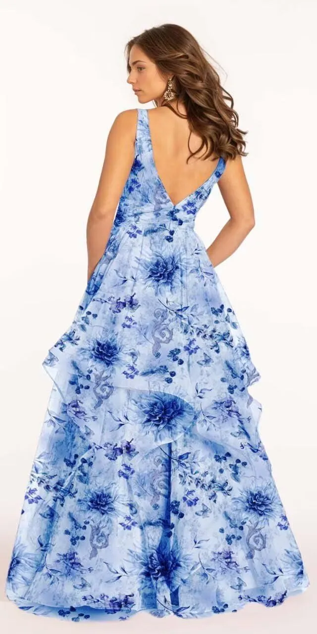 Floral Prom Dress for Women Long Pleated Plunging Mesh Tiered Ball Gown Formal Dresses