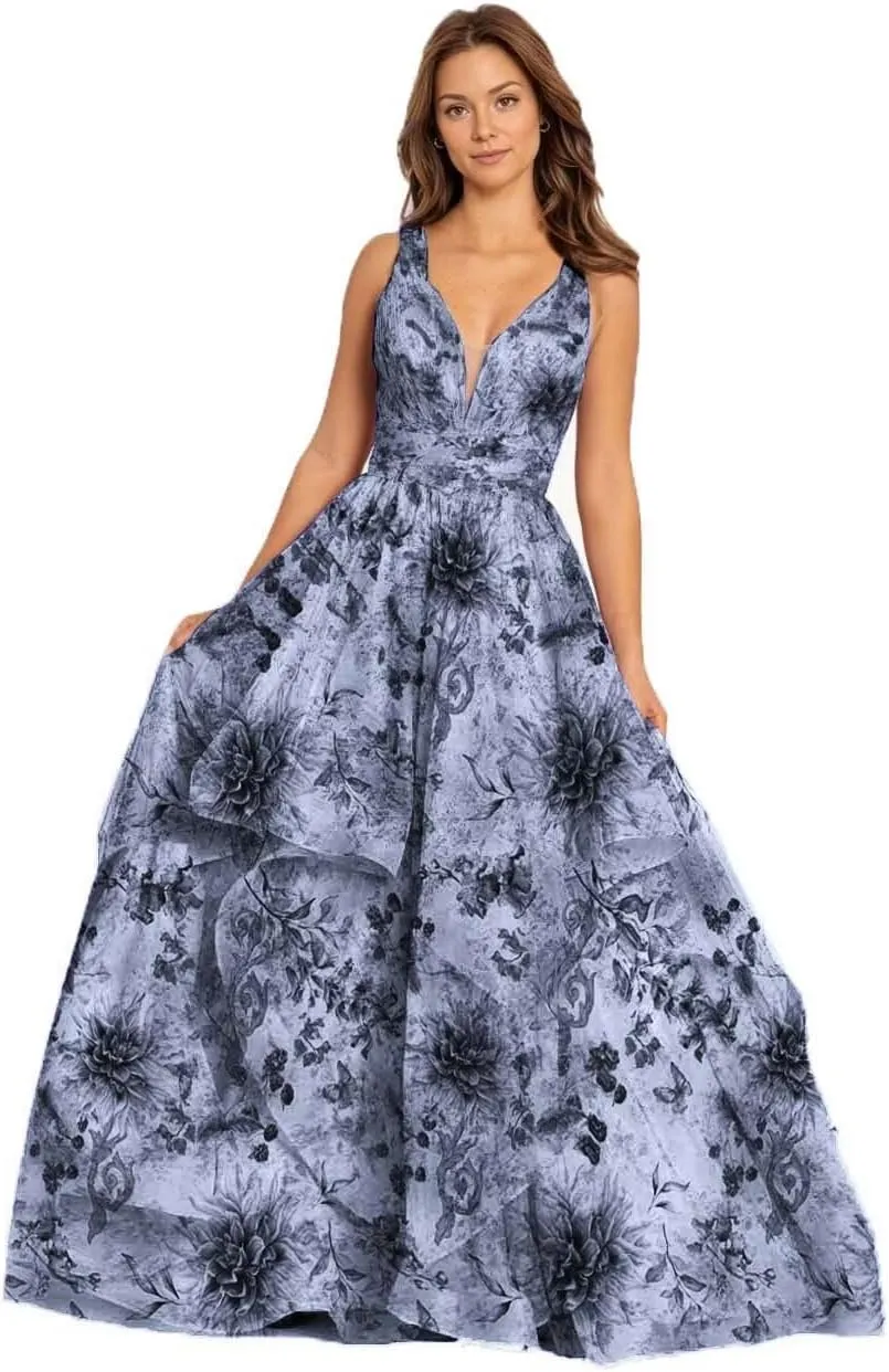 Floral Prom Dress for Women Long Pleated Plunging Mesh Tiered Ball Gown Formal Dresses