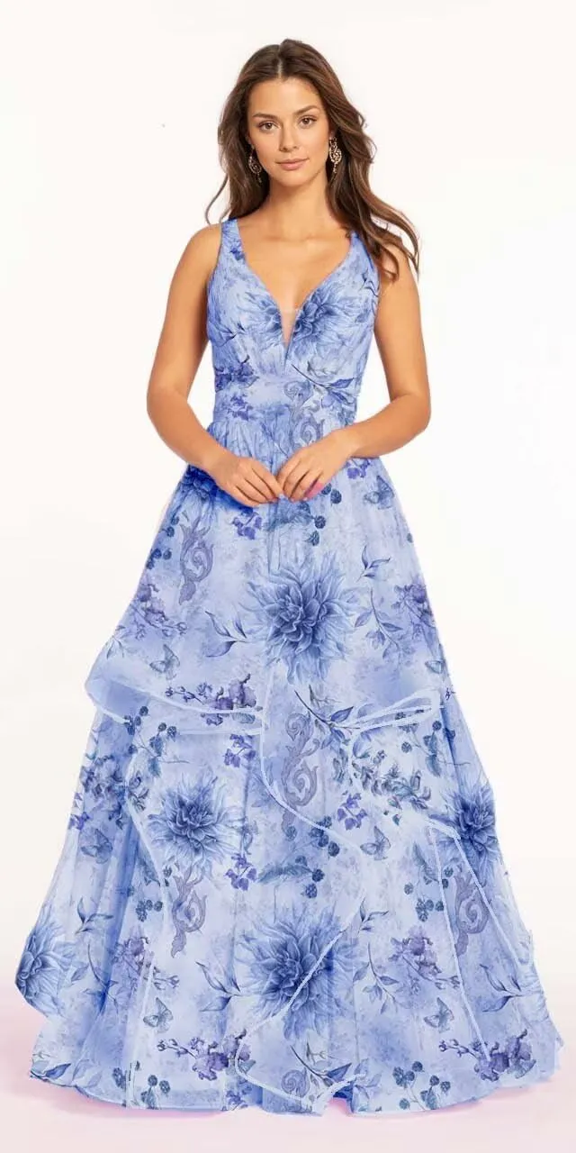 Floral Prom Dress for Women Long Pleated Plunging Mesh Tiered Ball Gown Formal Dresses