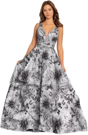 Floral Prom Dress for Women Long Pleated Plunging Mesh Tiered Ball Gown Formal Dresses