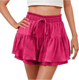 Flowy Shorts for Women Casual Boho Ruffle Tiered Skorts High Waisted Drawstring Mini Skirts Tennis Comfy Shorts 2025