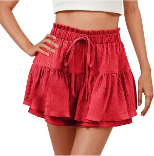 Flowy Shorts for Women Casual Boho Ruffle Tiered Skorts High Waisted Drawstring Mini Skirts Tennis Comfy Shorts 2025
