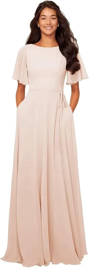 Flutter Sleeve Bridesmaid Dresses Boat Neck Long Pleated Chiffon Formal Dress with Sash QA165