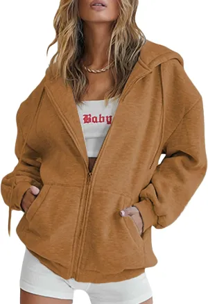 Franhais Womens Zip Up Oversized Hoodies Y2k Long Sleeve Drawstring Vintage Sweatshirts Aesthetic Pullover JacketStreetwear