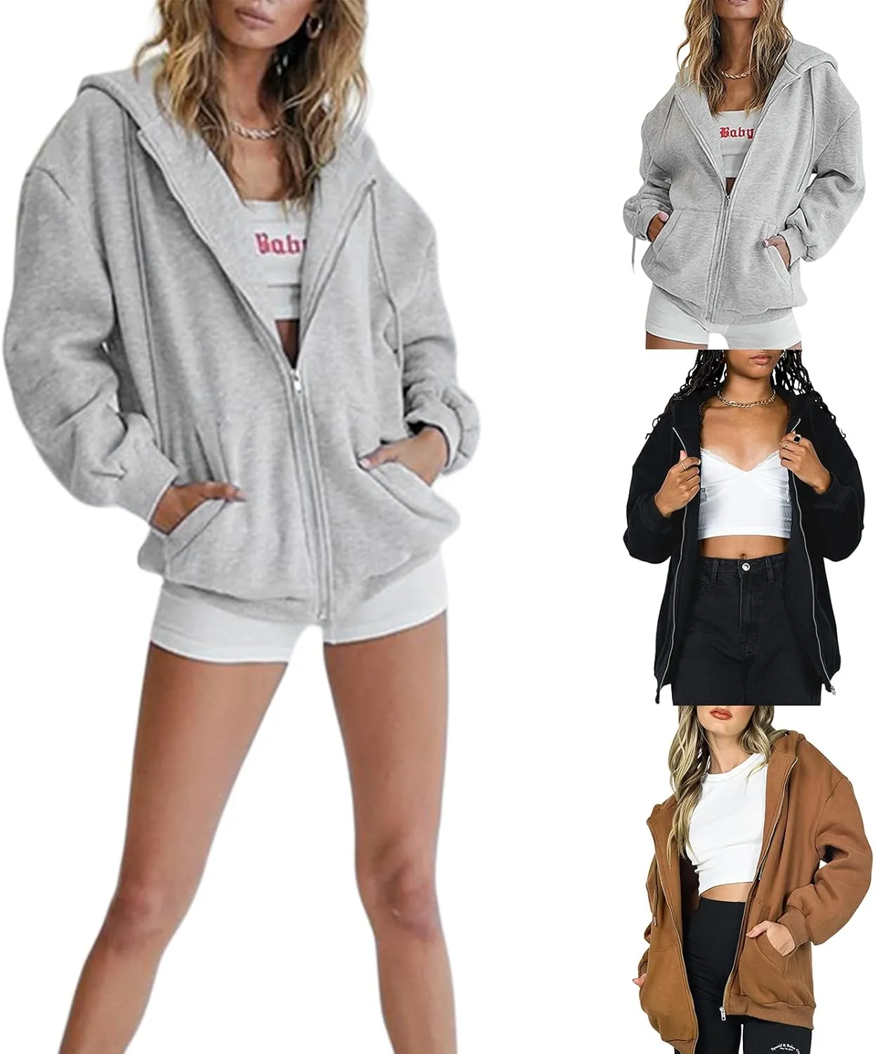 Franhais Womens Zip Up Oversized Hoodies Y2k Long Sleeve Drawstring Vintage Sweatshirts Aesthetic Pullover JacketStreetwear