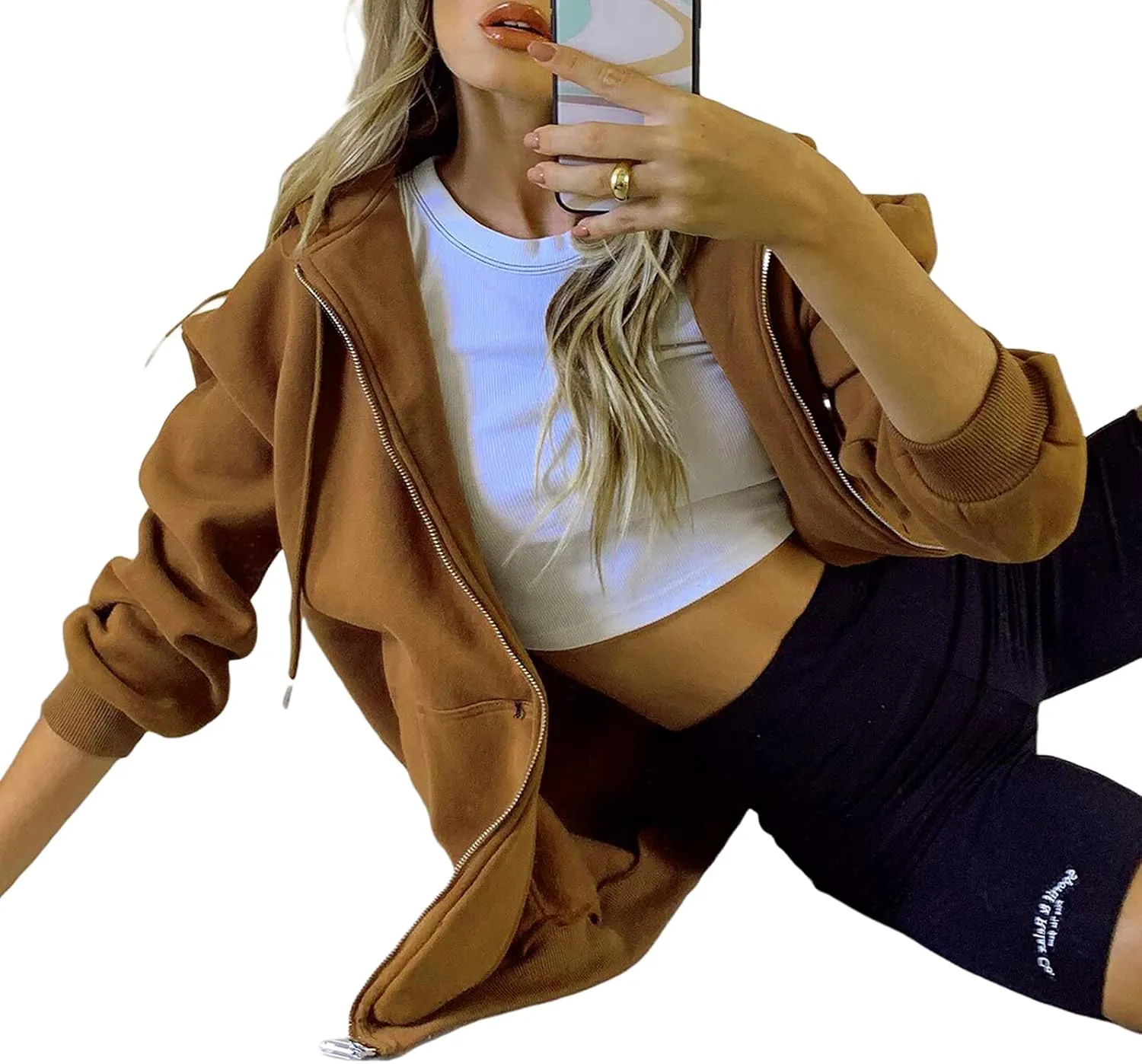 Franhais Womens Zip Up Oversized Hoodies Y2k Long Sleeve Drawstring Vintage Sweatshirts Aesthetic Pullover JacketStreetwear