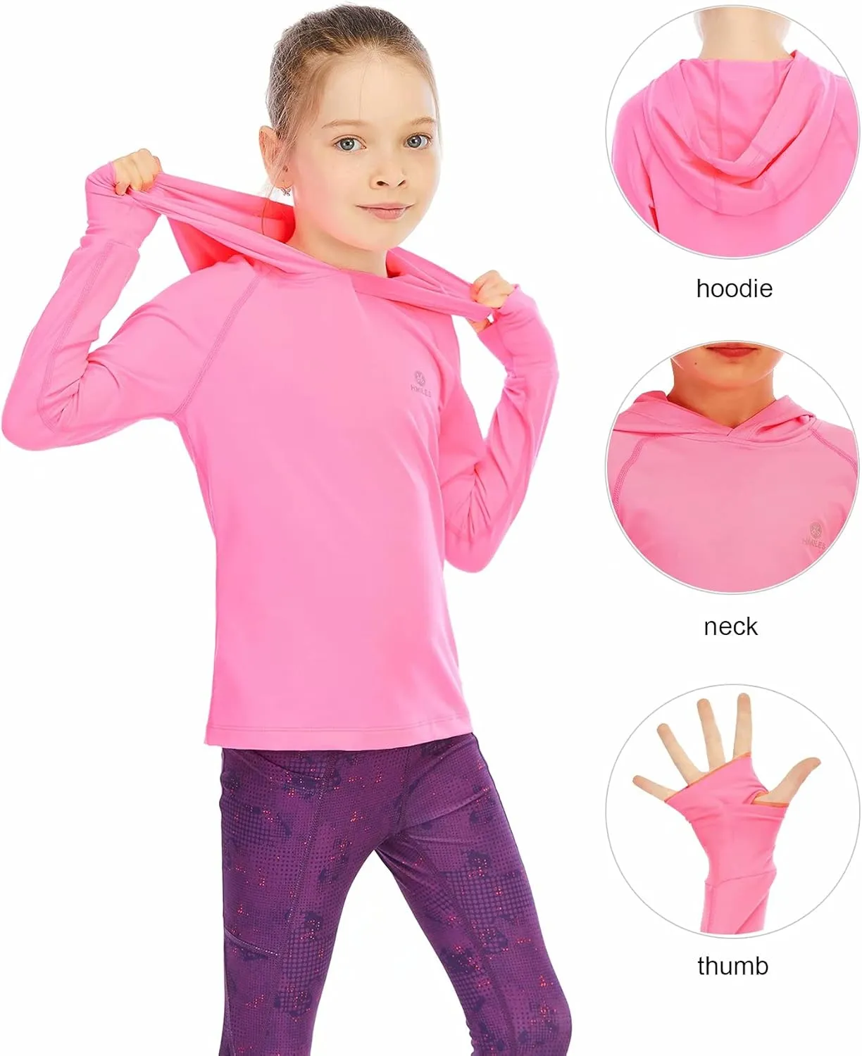 Girls Long Sleeve Shirt UPF50  Lightweight Hoodie Thin Active Tee Workout Running Pullover Top with Thumb Hole 3-12Years