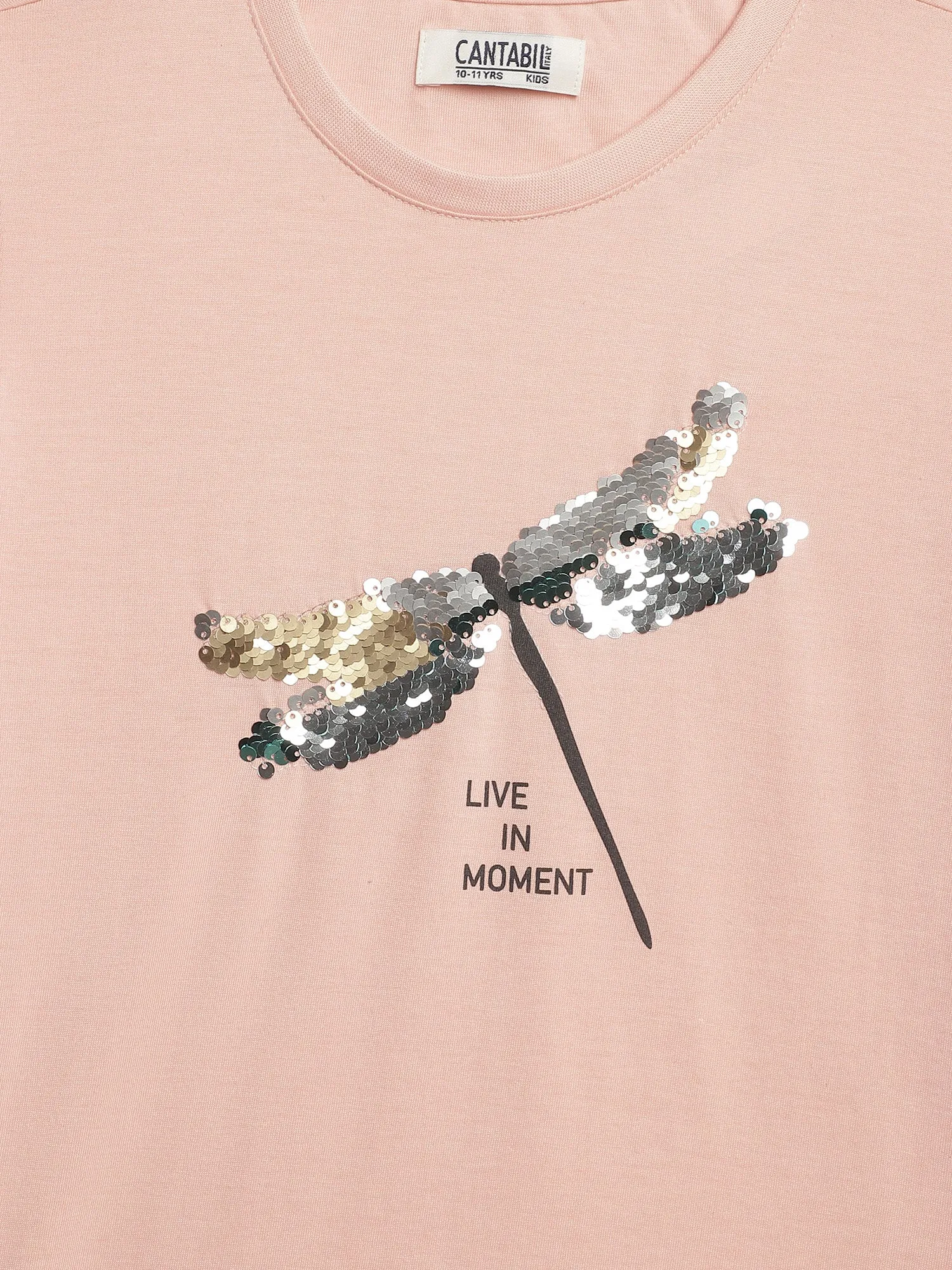 Girls Peach Round Neck Printed T-Shirt