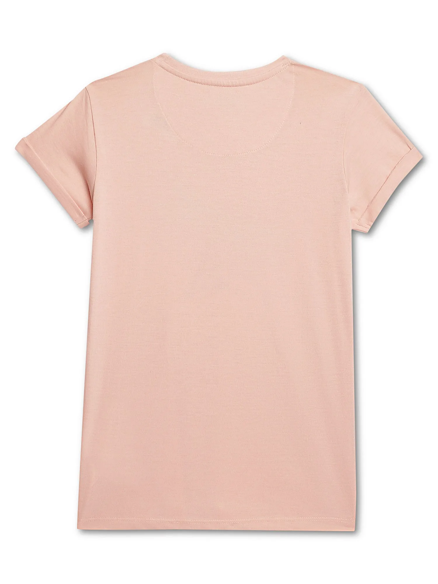 Girls Peach Round Neck Printed T-Shirt
