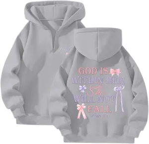 God Is Within Her She Will Not Fall Christian Hoodie For Women Bible Verse Half Zip Sweatshirt Preppy Teens Tops Unisex