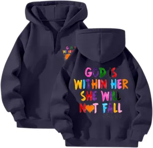 God Is Within Her She Will Not Fall Christian Hoodie For Women Bible Verse Half Zip Sweatshirt Preppy Teens Tops Unisex