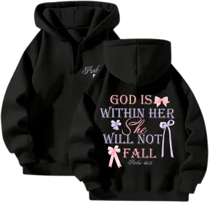 God Is Within Her She Will Not Fall Christian Hoodie For Women Bible Verse Half Zip Sweatshirt Preppy Teens Tops Unisex