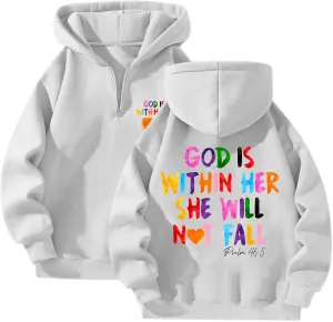 God Is Within Her She Will Not Fall Christian Hoodie For Women Bible Verse Half Zip Sweatshirt Preppy Teens Tops Unisex