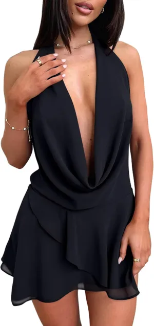 GOKATOSAU Women's Sexy Halter Plunge V Cowl Neck Low Open Back Irregular Ruffle Hem Mini Dress