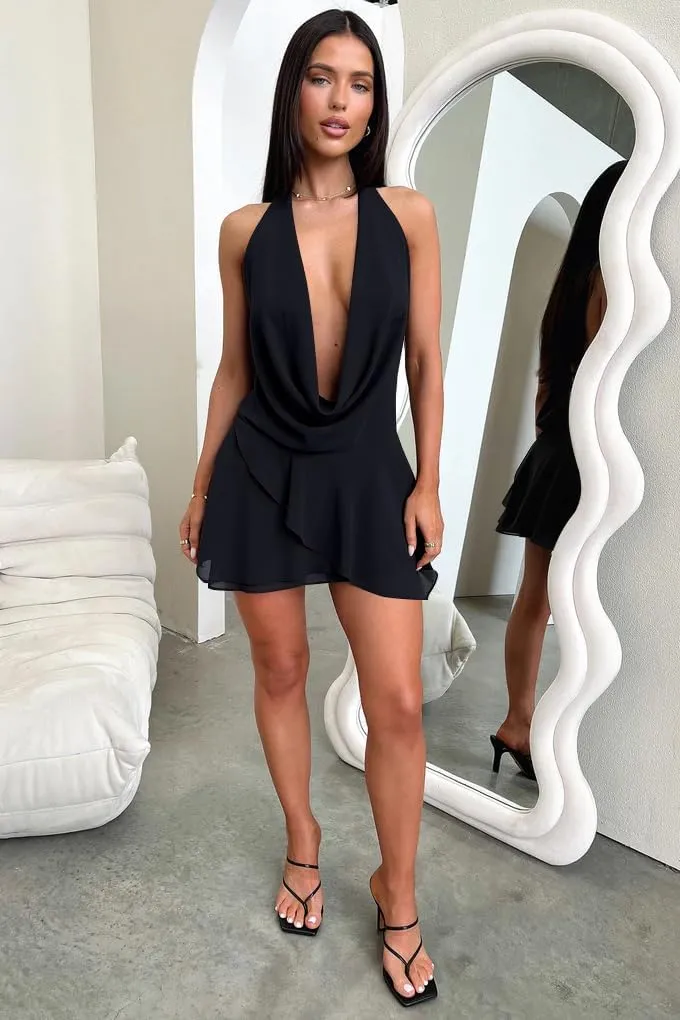 GOKATOSAU Women's Sexy Halter Plunge V Cowl Neck Low Open Back Irregular Ruffle Hem Mini Dress