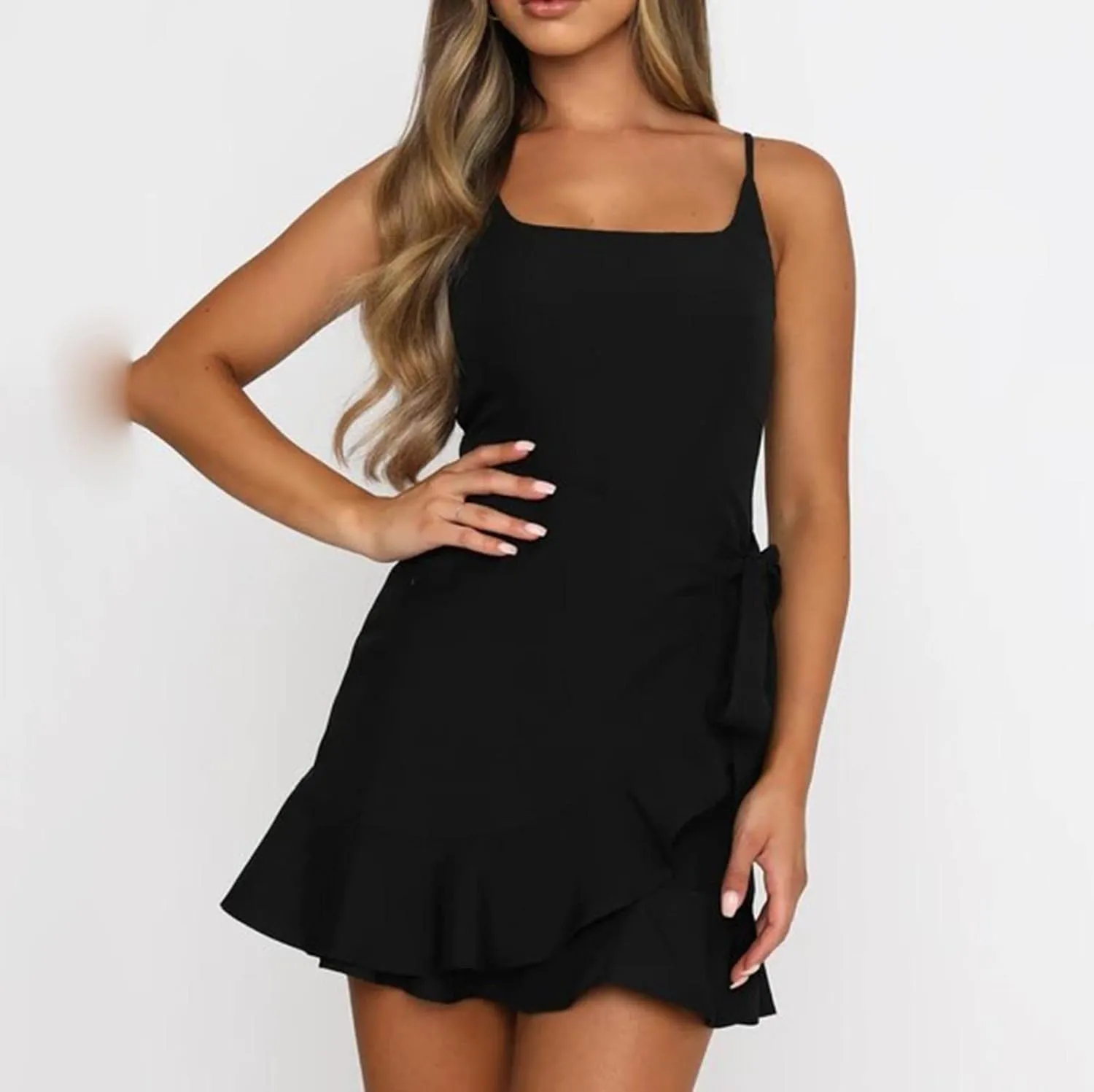 GOKKILRW Womens Summer Dress Square Neck Ruffle Hem Pleated Tie Front Adjustable Spaghetti Strap Sleeveless Mini Dresses