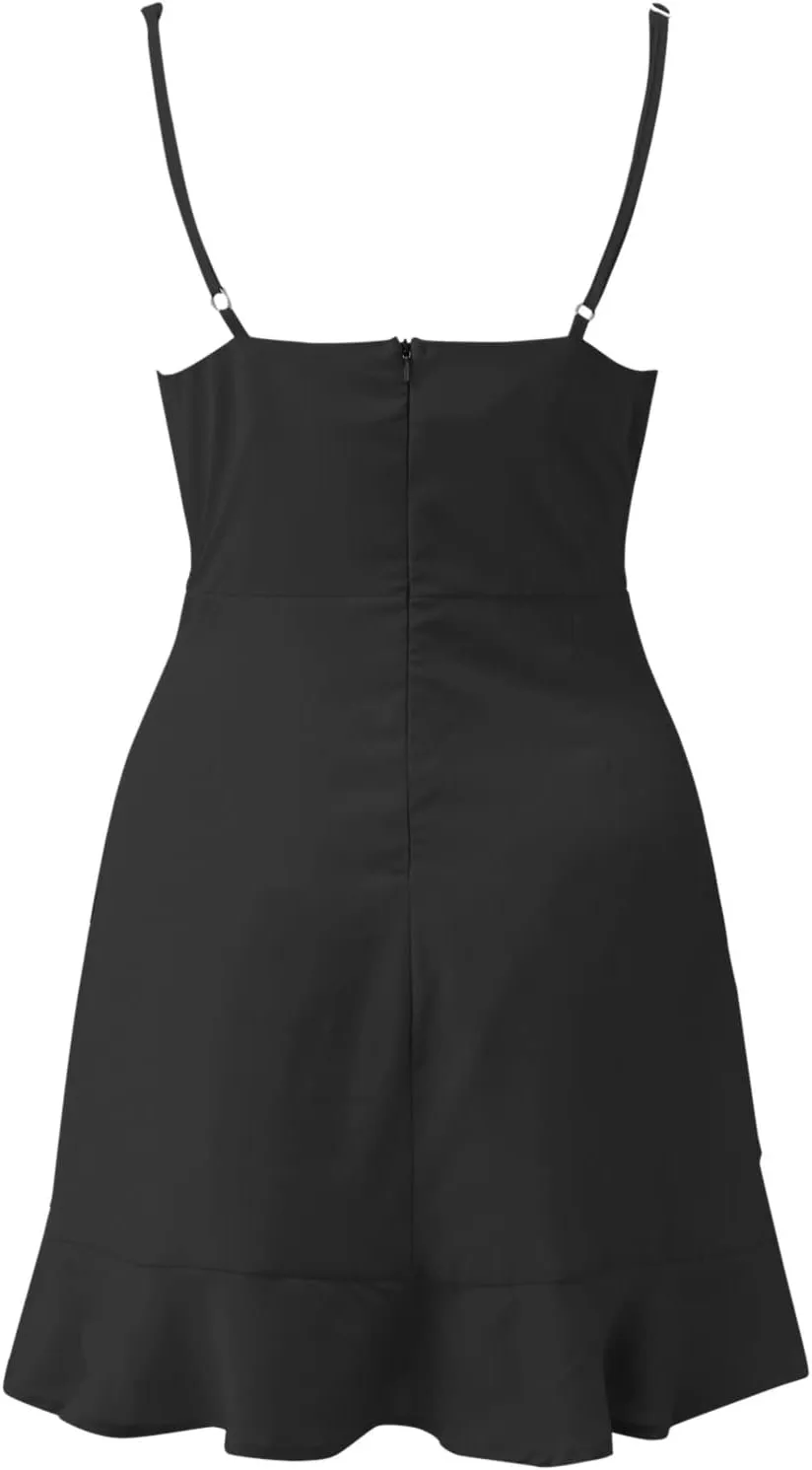 GOKKILRW Womens Summer Dress Square Neck Ruffle Hem Pleated Tie Front Adjustable Spaghetti Strap Sleeveless Mini Dresses