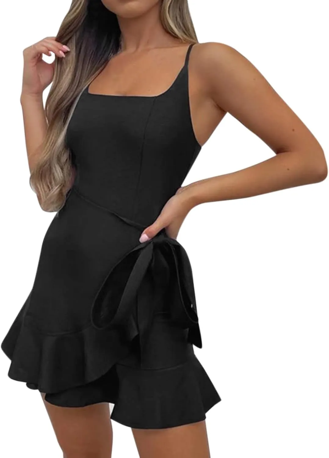 GOKKILRW Womens Summer Dress Square Neck Ruffle Hem Pleated Tie Front Adjustable Spaghetti Strap Sleeveless Mini Dresses