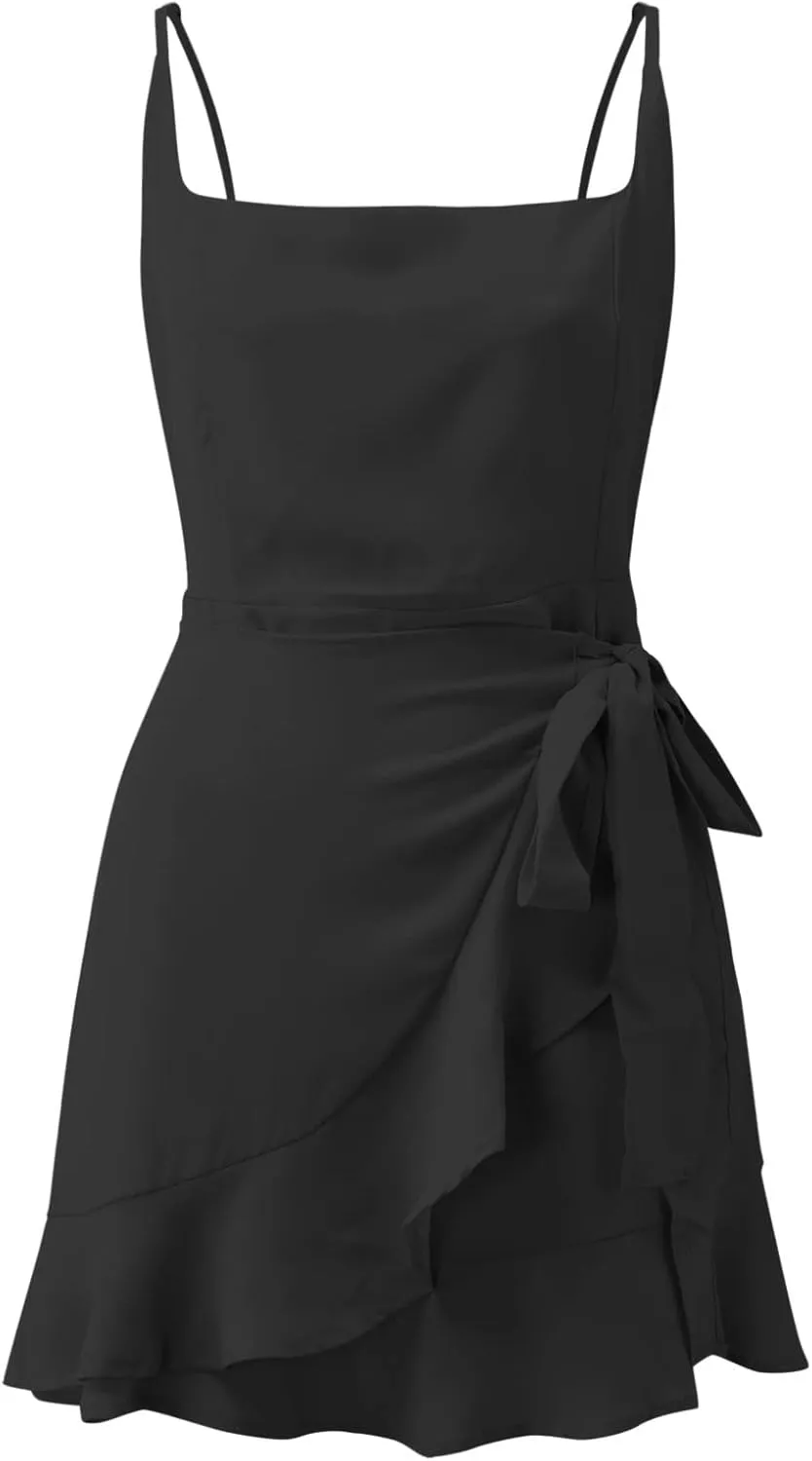 GOKKILRW Womens Summer Dress Square Neck Ruffle Hem Pleated Tie Front Adjustable Spaghetti Strap Sleeveless Mini Dresses