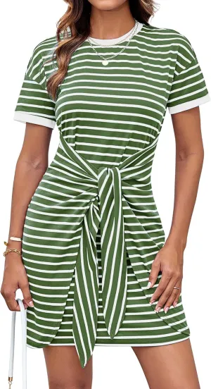 GRACE KARIN Striped Shirt Dresses for Women Front Tie Crewneck Wrap Dress Short Sleeve T-Shirt Casual Mini Bodycon Dress