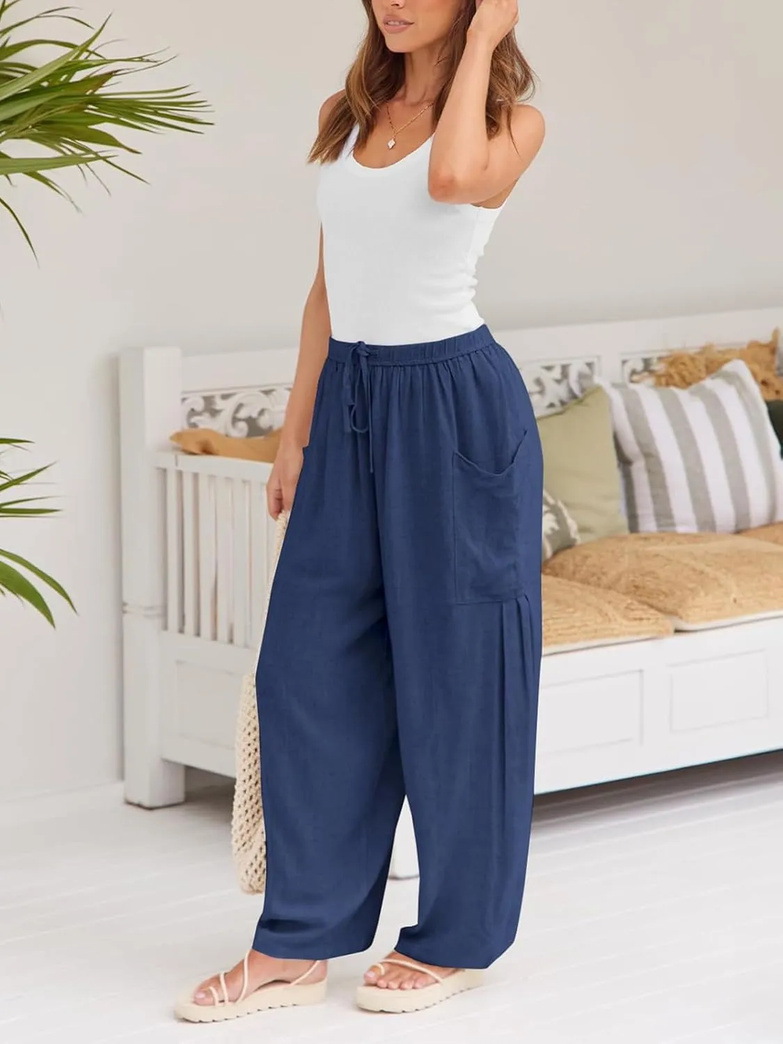 Guteidee Womens Linen Wide Leg Pants 2024 Casual Loose Lightweigt Beach Palazzo Harem Pants