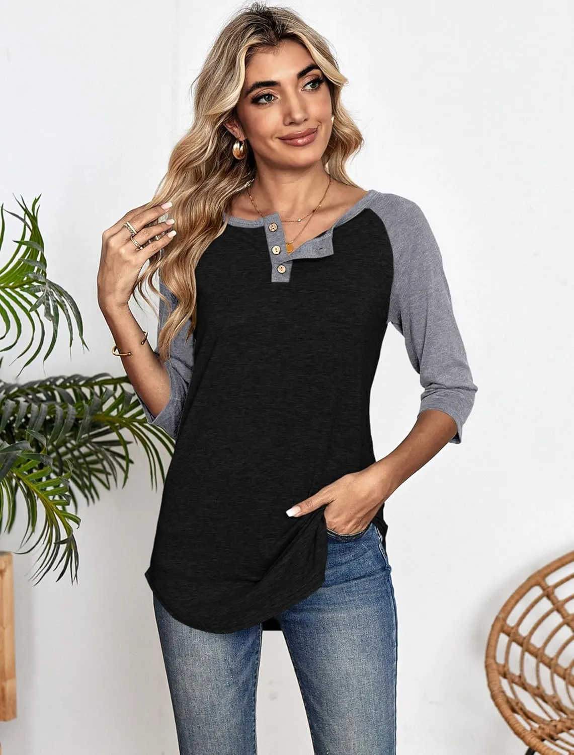 Halife Women's Casual 3/4 Sleeve T Shirts Button V Neck Tunic Blouses Color Block Basic Tee Tops Loose Fit Summer Shirt