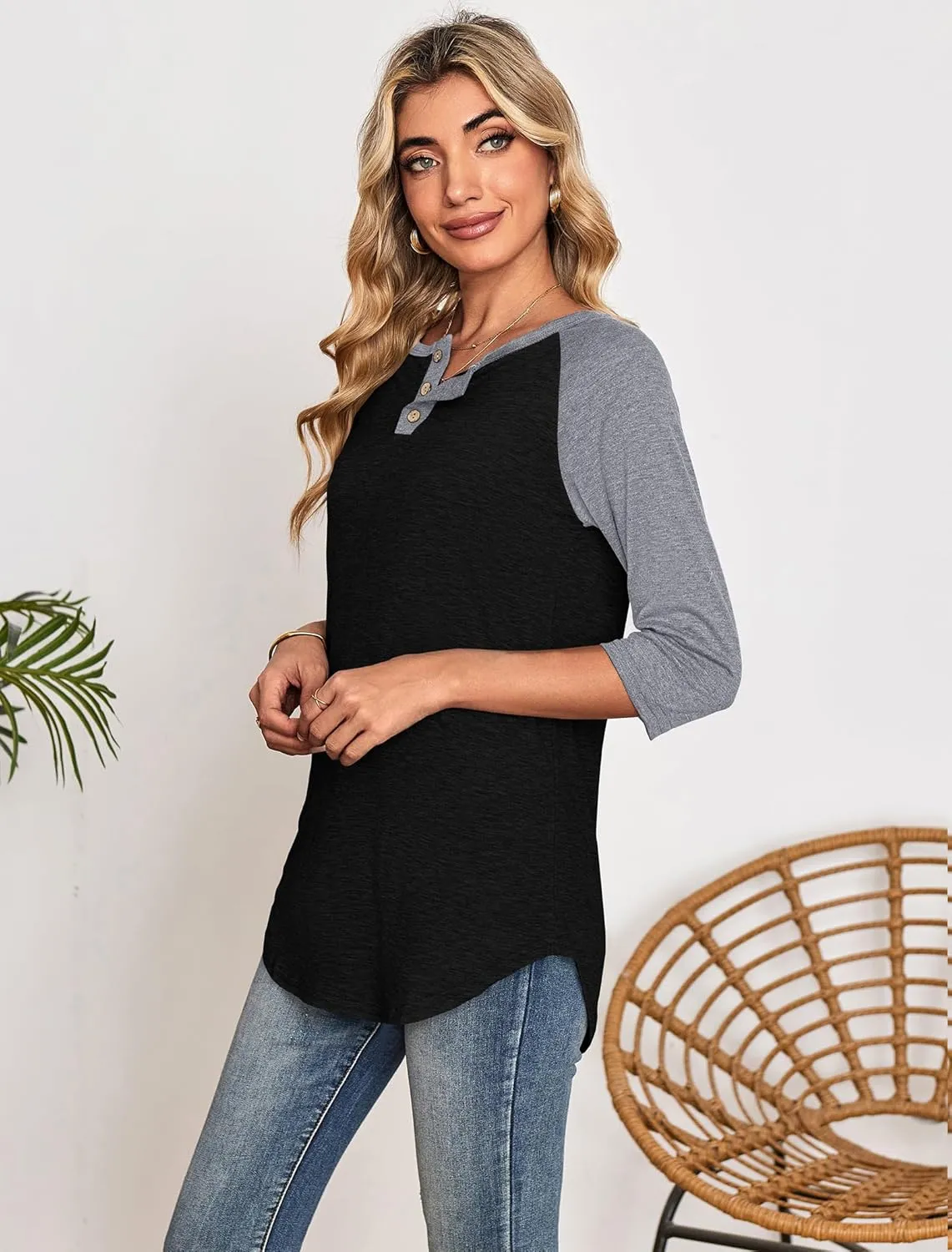 Halife Women's Casual 3/4 Sleeve T Shirts Button V Neck Tunic Blouses Color Block Basic Tee Tops Loose Fit Summer Shirt