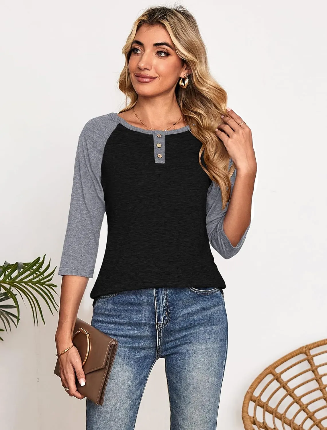 Halife Women's Casual 3/4 Sleeve T Shirts Button V Neck Tunic Blouses Color Block Basic Tee Tops Loose Fit Summer Shirt