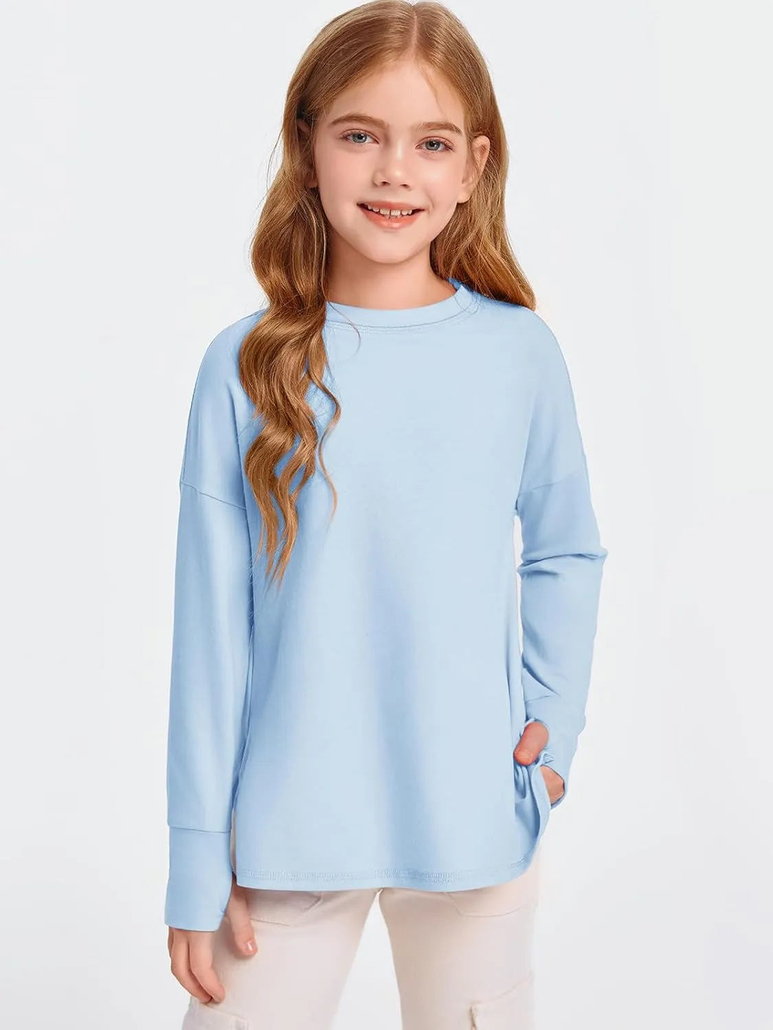 Haloumoning Girls Athletic Shirts Long Sleeve Active Quick Dry Tops Kids Gym Yoga Tees with Thumb Holes 5-14 Years