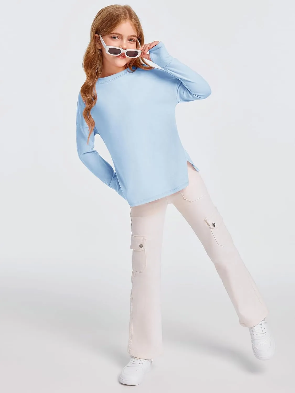 Haloumoning Girls Athletic Shirts Long Sleeve Active Quick Dry Tops Kids Gym Yoga Tees with Thumb Holes 5-14 Years