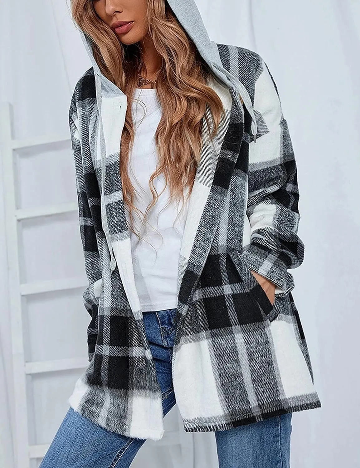 HangNiFang Womens Plaid Flannel Hoodie Shirts Long Sleeve Button Down Jacket Coats