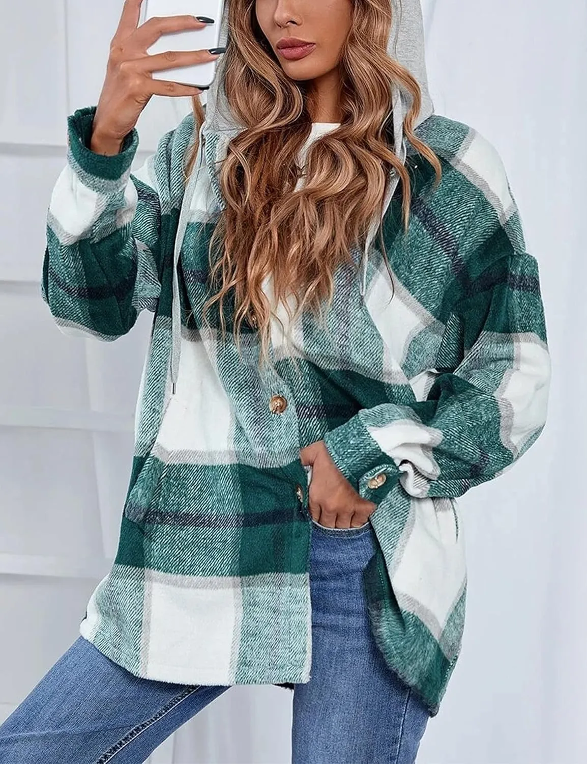 HangNiFang Womens Plaid Flannel Hoodie Shirts Long Sleeve Button Down Jacket Coats