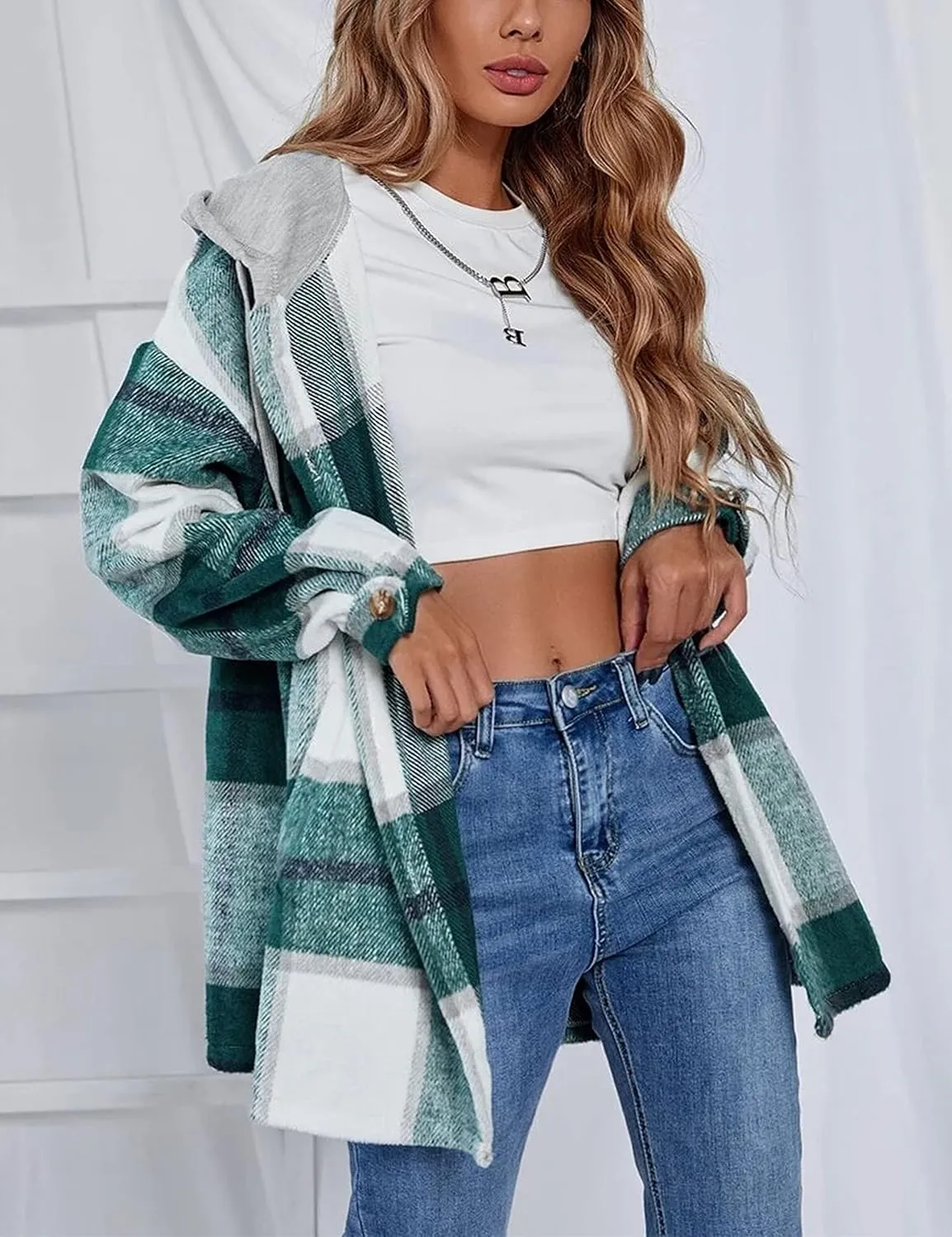 HangNiFang Womens Plaid Flannel Hoodie Shirts Long Sleeve Button Down Jacket Coats