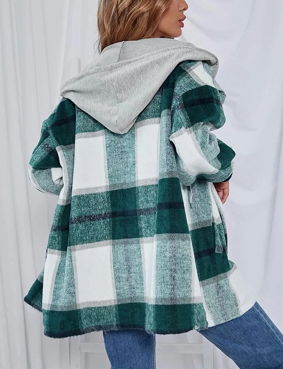 HangNiFang Womens Plaid Flannel Hoodie Shirts Long Sleeve Button Down Jacket Coats