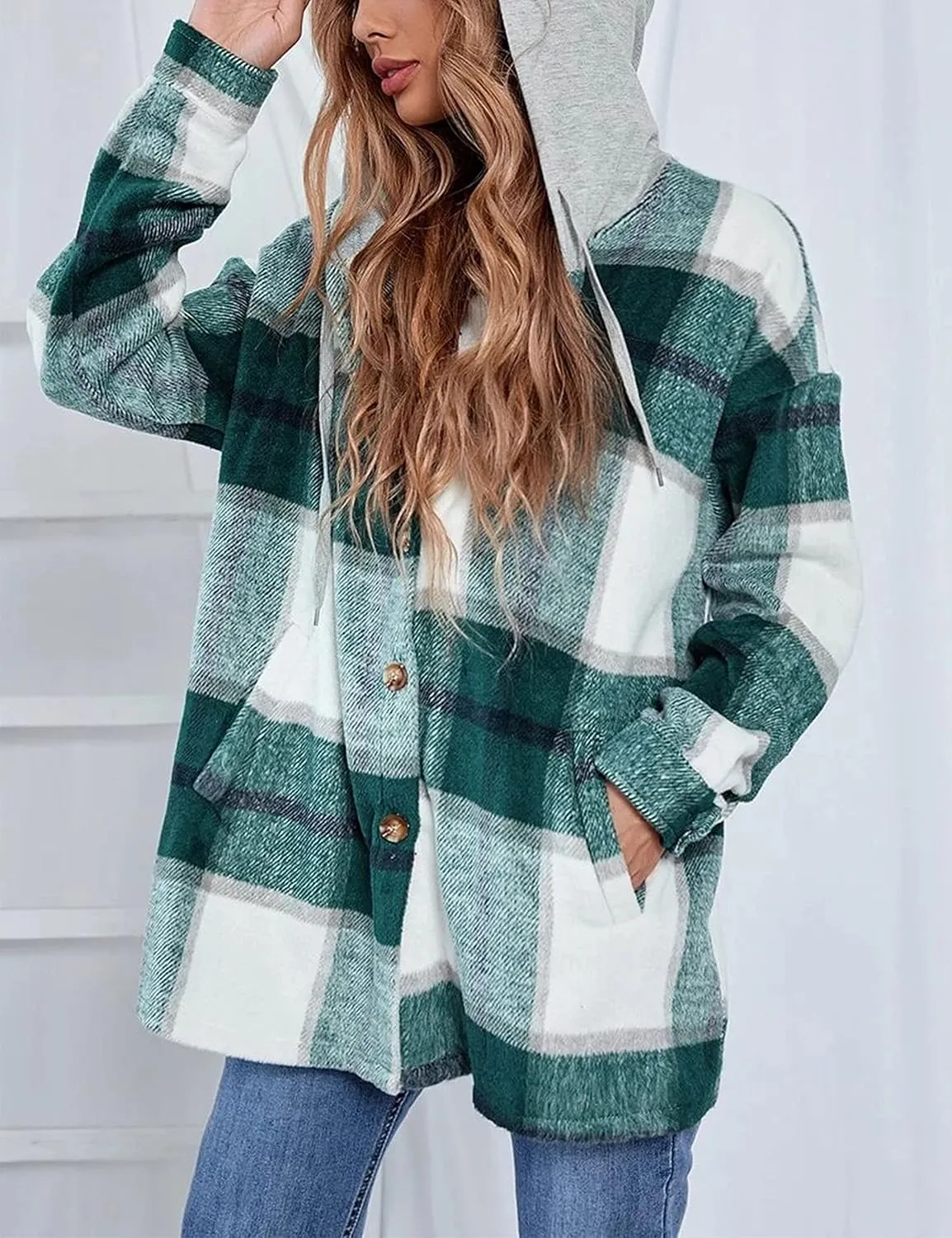HangNiFang Womens Plaid Flannel Hoodie Shirts Long Sleeve Button Down Jacket Coats
