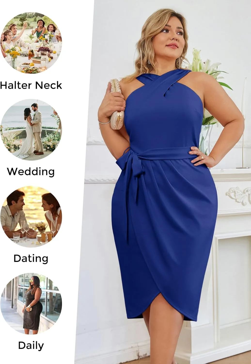 Hanna Nikole Plus Size Dresses for Curvy Women Halterneck Sleeveless Wrap Front Ruched Bodycon Dress Party Dress