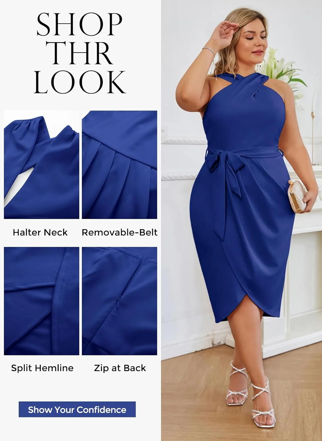 Hanna Nikole Plus Size Dresses for Curvy Women Halterneck Sleeveless Wrap Front Ruched Bodycon Dress Party Dress
