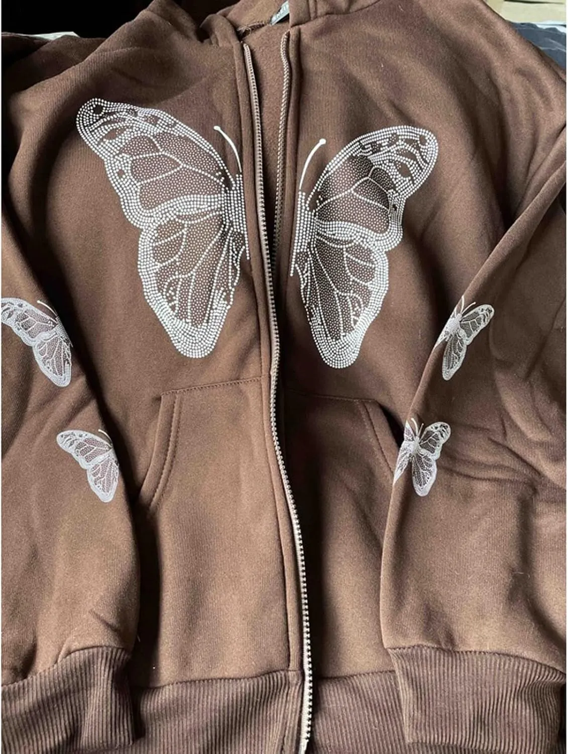 Harajuku Women's Zipper Connecting Gothic Butterfly Printing Hatshirt Y2K zipper retro -graphic hoodie