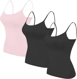 HGps8w 3 Pack Basic Camisoles for Women Bulit-in-Bra Sleeveless Undershirt Solid Color Padded Base Layer Tank Top Cami Shirts