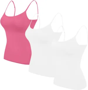 HGps8w 3 Pack Basic Camisoles for Women Bulit-in-Bra Sleeveless Undershirt Solid Color Padded Base Layer Tank Top Cami Shirts