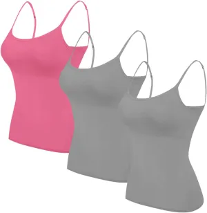 HGps8w 3 Pack Basic Camisoles for Women Bulit-in-Bra Sleeveless Undershirt Solid Color Padded Base Layer Tank Top Cami Shirts