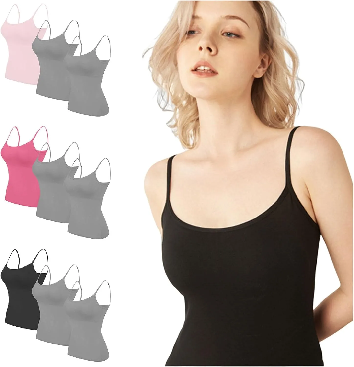 HGps8w 3 Pack Basic Camisoles for Women Bulit-in-Bra Sleeveless Undershirt Solid Color Padded Base Layer Tank Top Cami Shirts